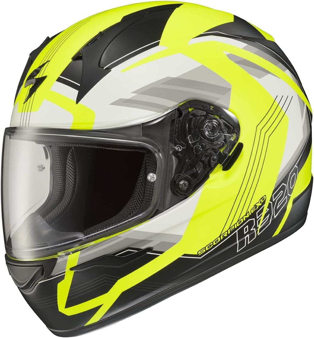 ScorpionEXO R320 Full Face Polycarbonate Shell Motorcycle Helmet with Pinlock Ready Shield and Bluetooth Ready Speaker Pockets DOT Approved Adult(Hi-Vis)