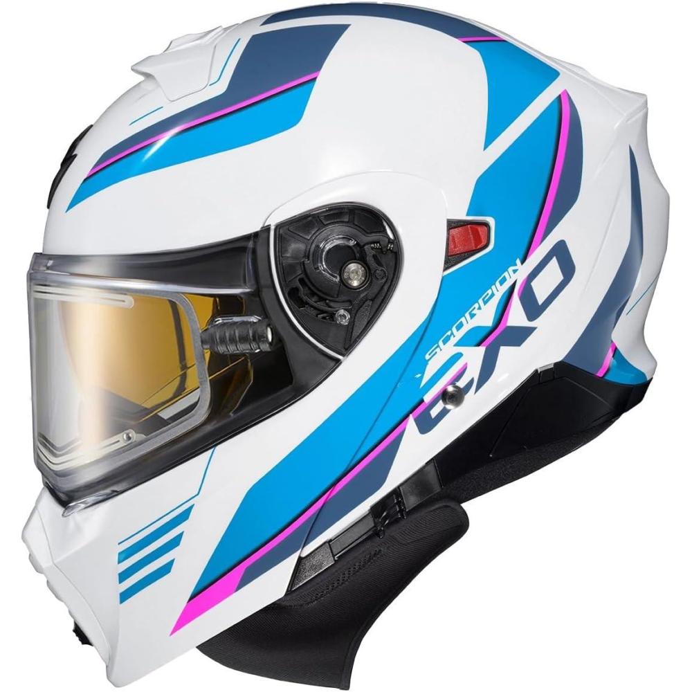 ScorpionEXO GT930 Cold Weather Adventure Snowmobile Modular Helmet Electric Shield with Breath Box and Bluetooth Ready Speaker Pockets Modulus (Black/Blue – Small)(White/Blue)