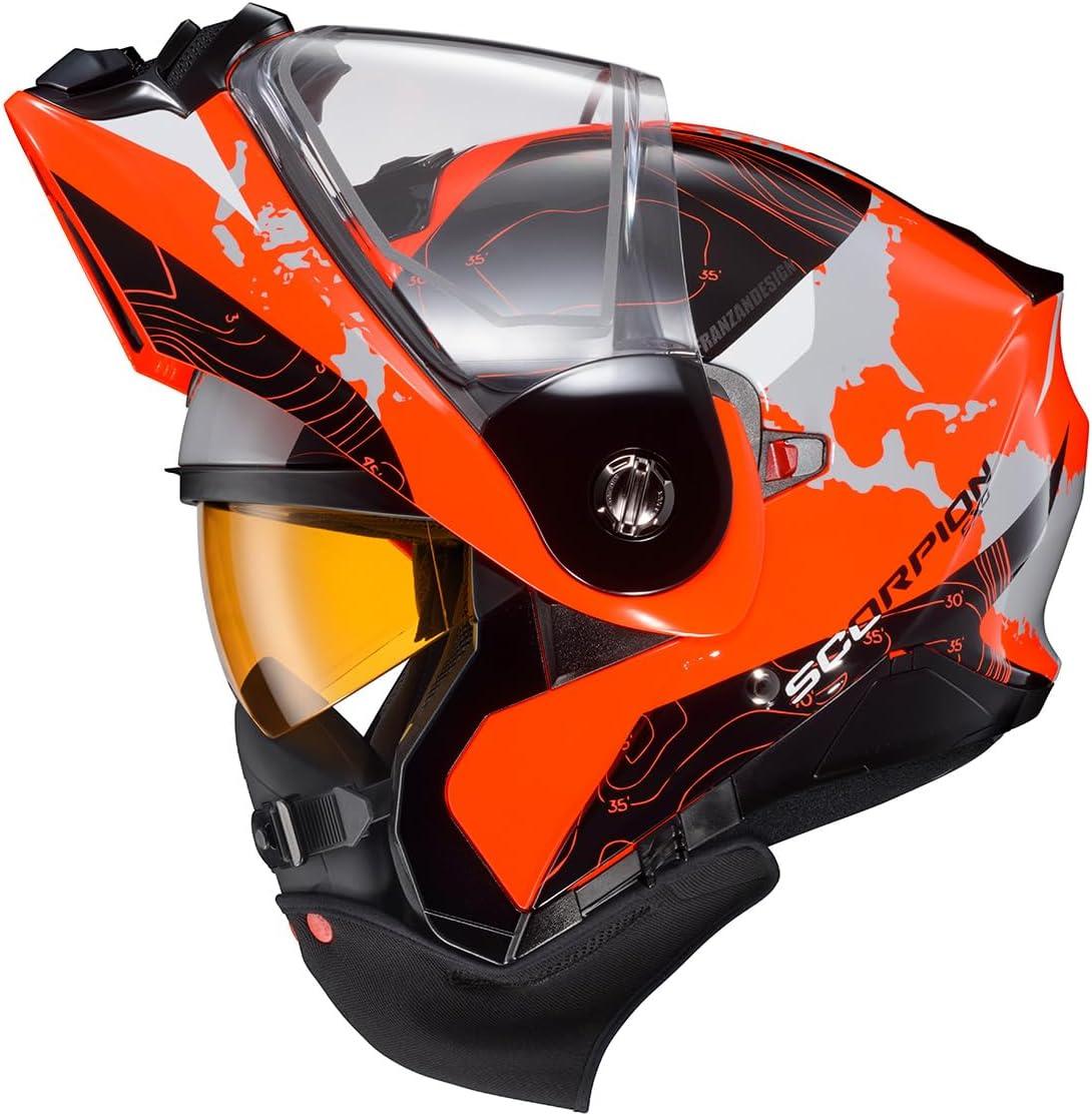 ScorpionEXO AT960 Cold Weather Adventure Snowmobile Modular Helmet Dual Pane Shield with Breath Box and Bluetooth Ready Speaker Pockets Hicks (Light Blue – Large)(Hi-viz Orange)