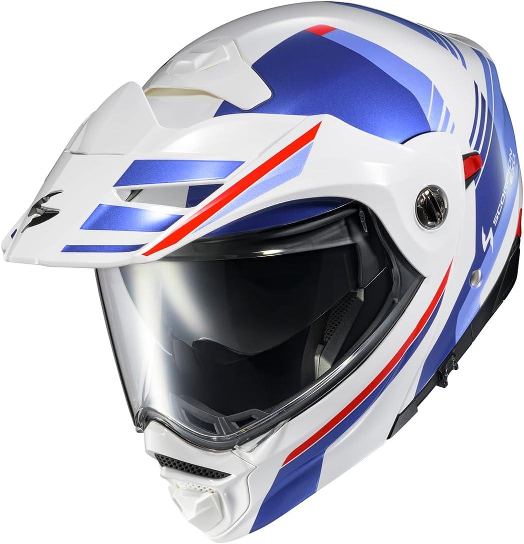 ScorpionEXO AT960 Modular Adventure Street Motorcycle Helmet with Bluetooth Ready Speaker Pockets DOT ECE Approved Monk (Black/Red – Small)(White/Blue)