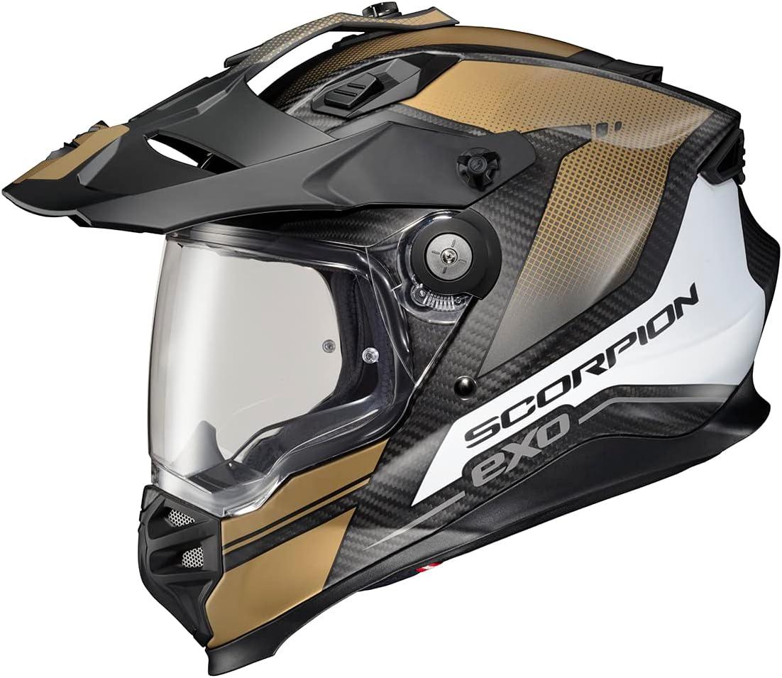 ScorpionEXO XT9000 Full Face Carbon Fiber Adventure Motorcycle Helmet with Pinlock Ready Shield Bluetooth Ready Speaker Pockets DOT ECE Trailhead (Hi-Vis – Medium)(Trailhead Matte Gold)