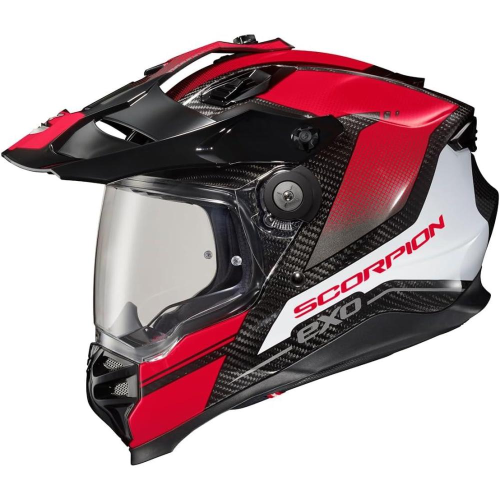 ScorpionEXO XT9000 Full Face Carbon Fiber Adventure Motorcycle Helmet with Pinlock Ready Shield Bluetooth Ready Speaker Pockets DOT ECE Trailhead (Hi-Vis – Medium)(Trailhead Dark Red)