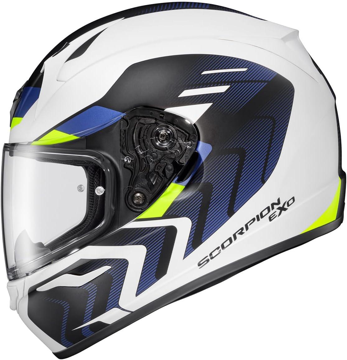 ScorpionEXO R320 Full Face Polycarbonate Shell Motorcycle Helmet with Pinlock Ready Shield and Bluetooth Ready Speaker Pockets DOT Approved Adult(White/Blue/Hi-Viz)