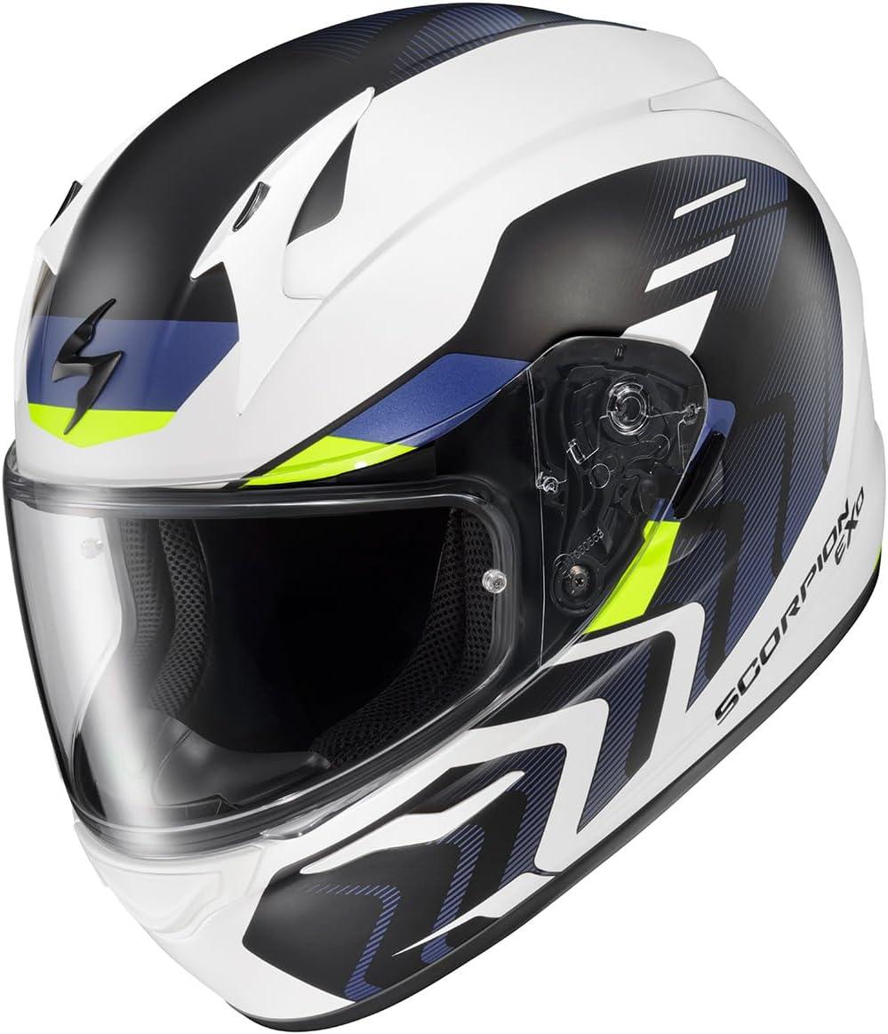 ScorpionEXO R320 Full Face Polycarbonate Shell Motorcycle Helmet with Pinlock Ready Shield and Bluetooth Ready Speaker Pockets DOT Approved Adult(White/Blue/Hi-Viz)