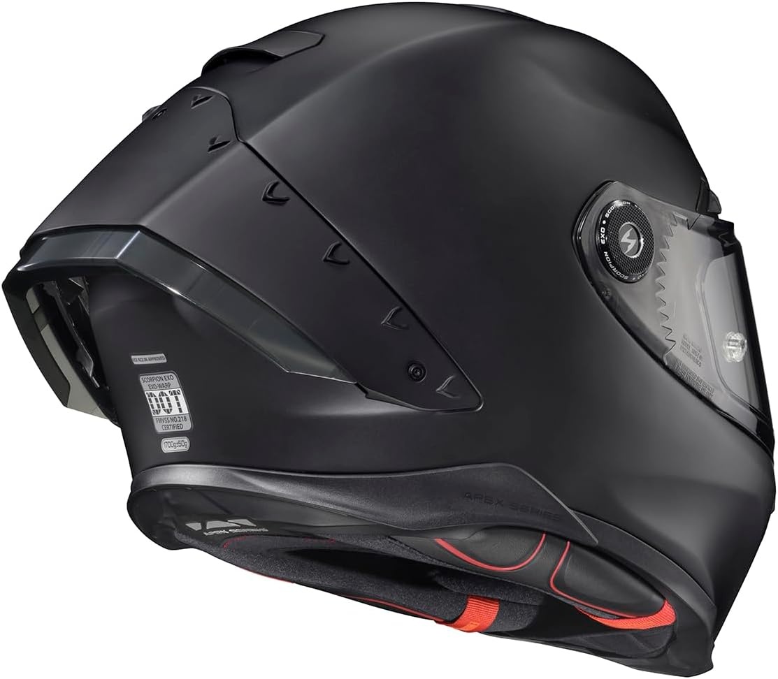 ScorpionEXO Apex Warp Full Face Motorcycle Helmet with Pinlock Ready Shield Adjustable Race Spoiler Bluetooth Ready Speaker Pockets FIM #2 DOT ECE Solid (White – Large)(Matte Black)