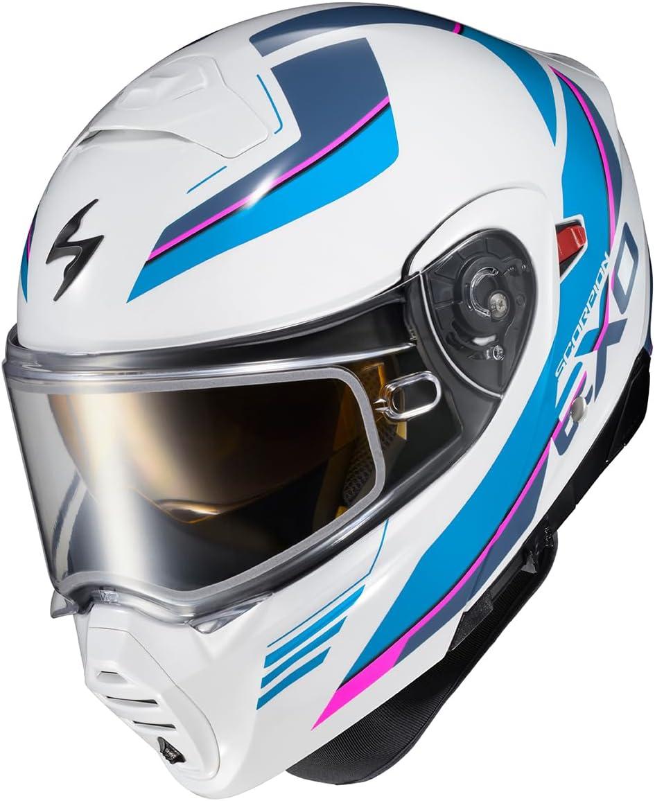 ScorpionEXO GT930 Cold Weather Adventure Snowmobile Modular Helmet Dual Pane Shield with Breath Box and Bluetooth Ready Speaker Pockets Modulus (Black/Blue – Small)(White/Blue)