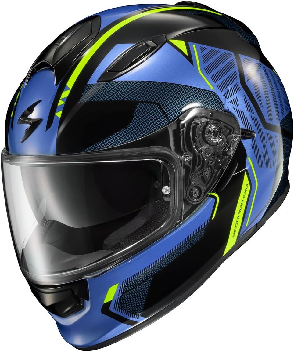 ScorpionEXO Ryzer Full Face Motorcycle Helmet with Pinlock Ready Shield with Integrated Speaker Pockets DOT ECE Approved Edge (Dark Grey – Small)(Switch Blue/Hi-Viz)
