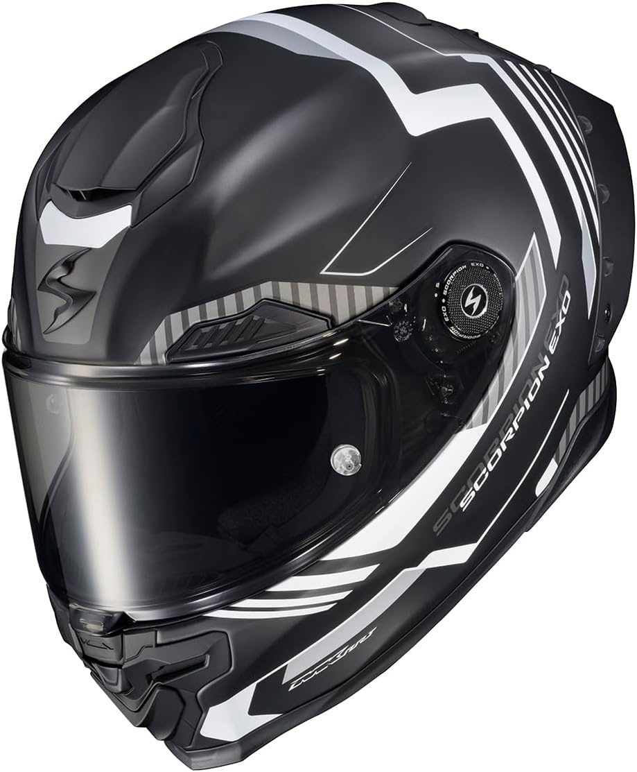 ScorpionEXO Apex Warp Full Face Motorcycle Helmet with Pinlock Ready Shield Adjustable Race Spoiler Bluetooth Ready Speaker Pockets FIM #2 DOT ECE Solid (White – Large)(Atarax Black/White)