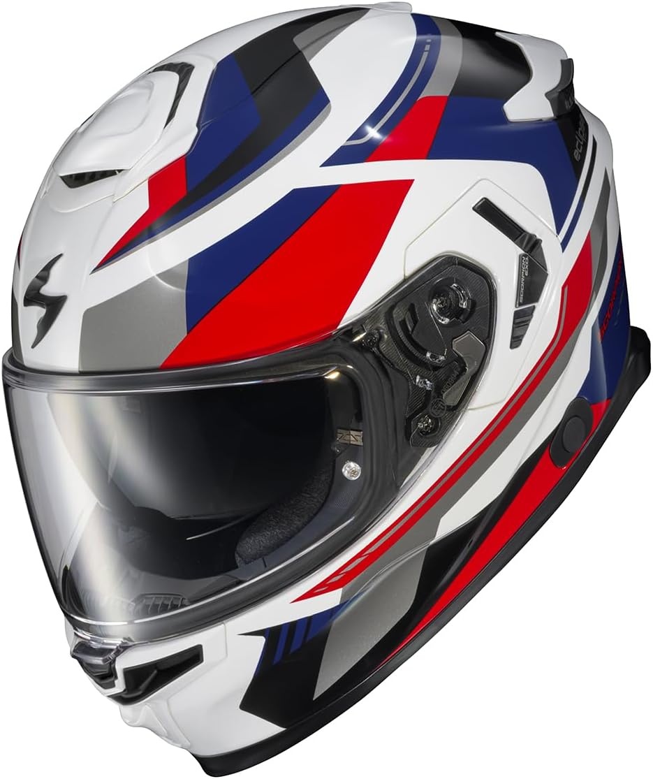 ScorpionEXO Eclipse Full Face Motorcycle Helmet with Pinlock Ready Shield – Bluetooth Ready Speaker Pockets Apex Series Pivot (Phantom – Small)(White/Red/Blue)