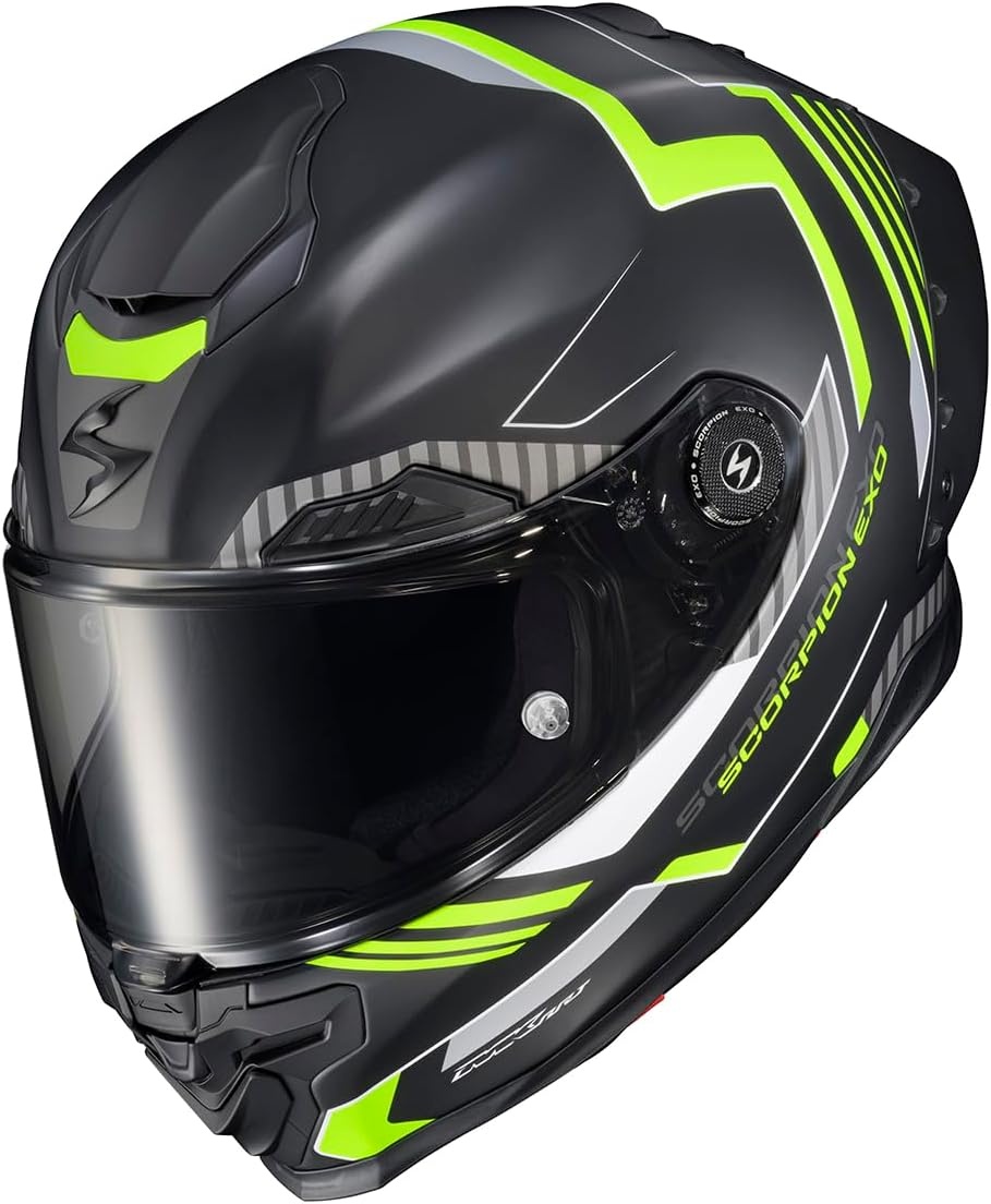ScorpionEXO Apex Warp Full Face Motorcycle Helmet with Pinlock Ready Shield Adjustable Race Spoiler Bluetooth Ready Speaker Pockets FIM #2 DOT ECE Solid (White – Large)(Atarax Black/Hi-vis)