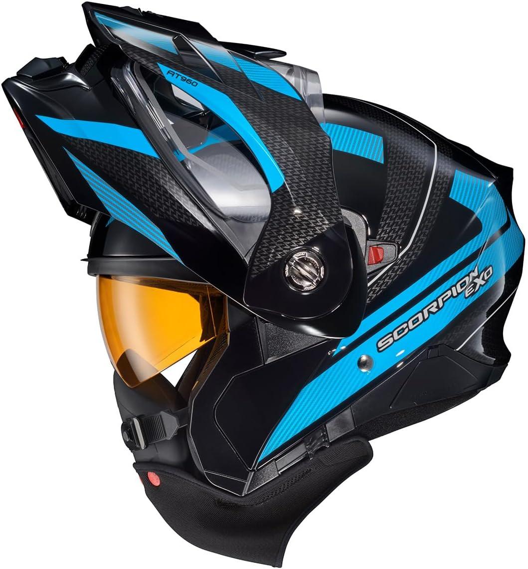 ScorpionEXO AT960 Cold Weather Adventure Snowmobile Modular Helmet Dual Pane Shield with Breath Box and Bluetooth Ready Speaker Pockets Hicks (Light Blue – Large)(Light Blue)