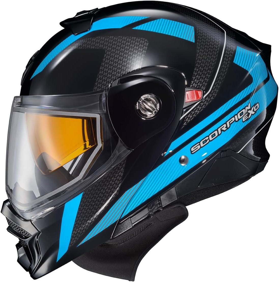 ScorpionEXO AT960 Cold Weather Adventure Snowmobile Modular Helmet Dual Pane Shield with Breath Box and Bluetooth Ready Speaker Pockets Hicks (Light Blue – Large)(Light Blue)