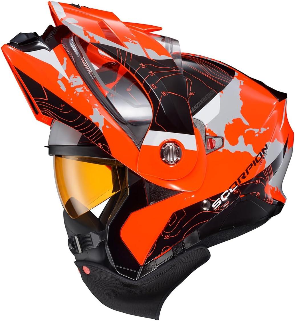 ScorpionEXO AT960 Cold Weather Adventure Snowmobile Modular Helmet Dual Pane Shield with Breath Box and Bluetooth Ready Speaker Pockets Topographic (Hi-Vis – Small)(Hi-viz Orange)