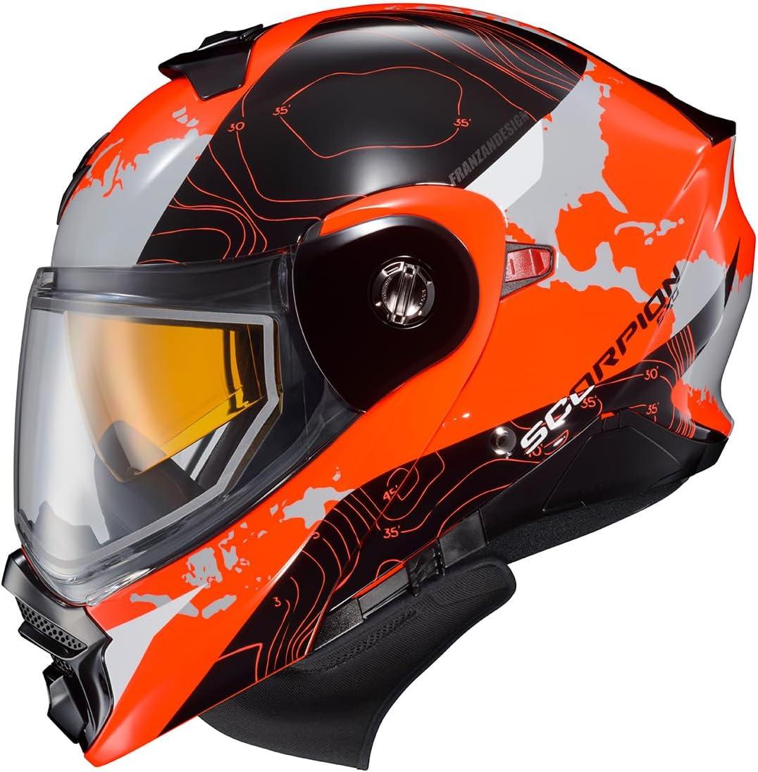 ScorpionEXO AT960 Cold Weather Adventure Snowmobile Modular Helmet Dual Pane Shield with Breath Box and Bluetooth Ready Speaker Pockets Topographic (Hi-Vis – Small)(Hi-viz Orange)