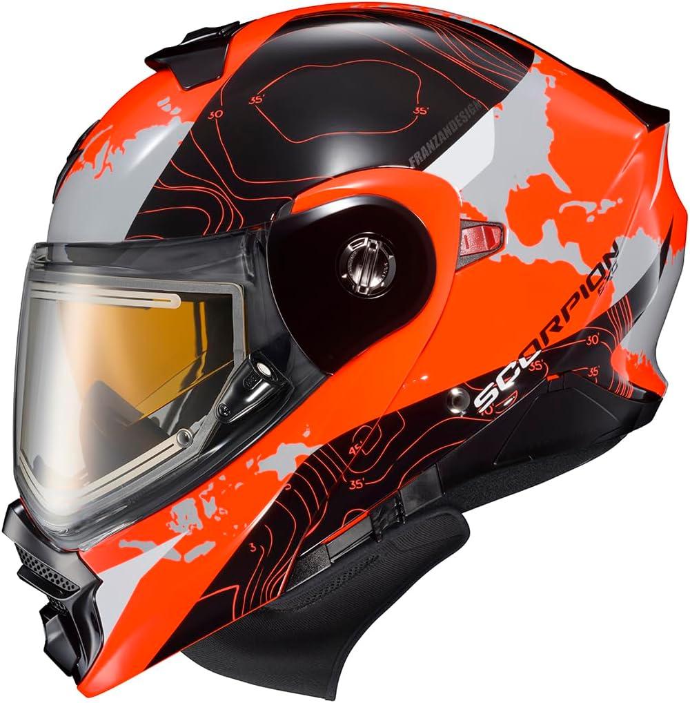 ScorpionEXO AT960 Cold Weather Adventure Snowmobile Modular Helmet Electric Shield with Breath Box and Bluetooth Ready Speaker Pockets Topographic (Hi-Viz Orange – Large)(Hi-viz Orange)
