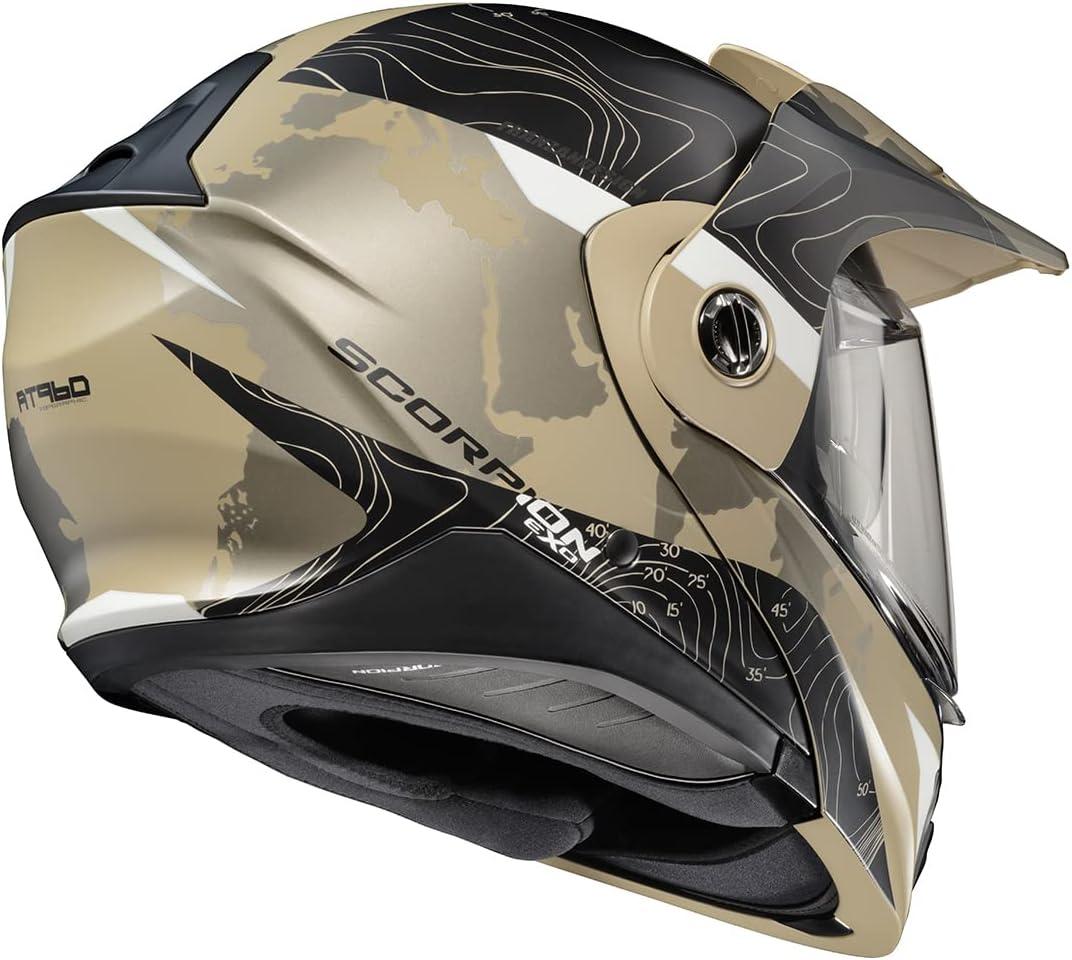 ScorpionEXO AT960 Modular Adventure Street Motorcycle Helmet with Bluetooth Ready Speaker Pockets DOT ECE Approved Monk (Black/Red – Small)(Topographic Sand)