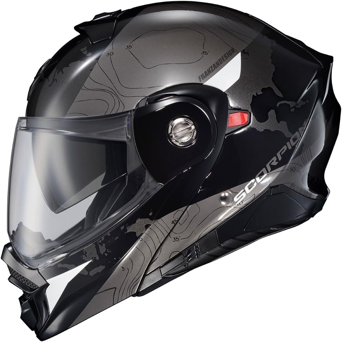 ScorpionEXO AT960 Modular Adventure Street Motorcycle Helmet with Bluetooth Ready Speaker Pockets DOT ECE Approved Monk (Black/Red – Small)(Topographic White)