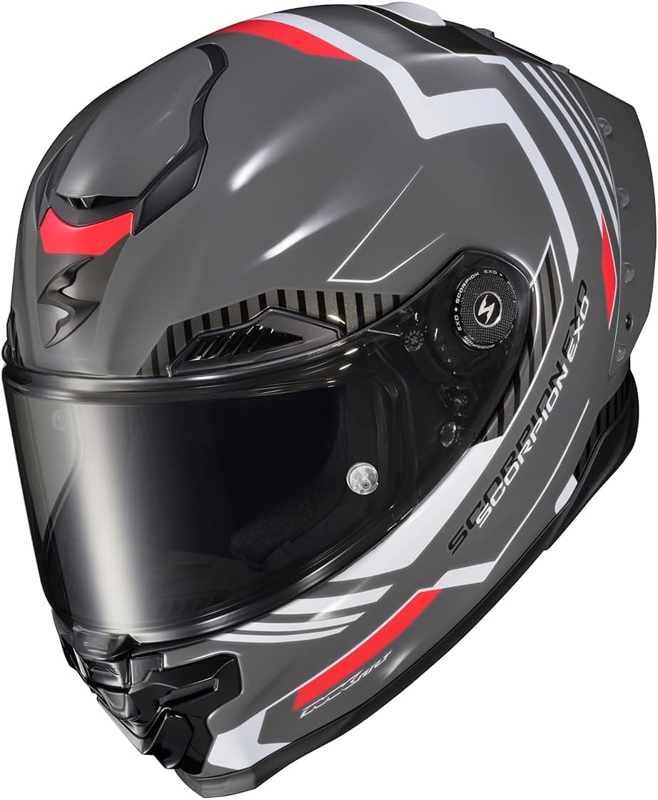 ScorpionEXO Apex Warp Full Face Motorcycle Helmet with Pinlock Ready Shield Adjustable Race Spoiler Bluetooth Ready Speaker Pockets FIM #2 DOT ECE Solid (White – Large)(Atarax Grey/White)