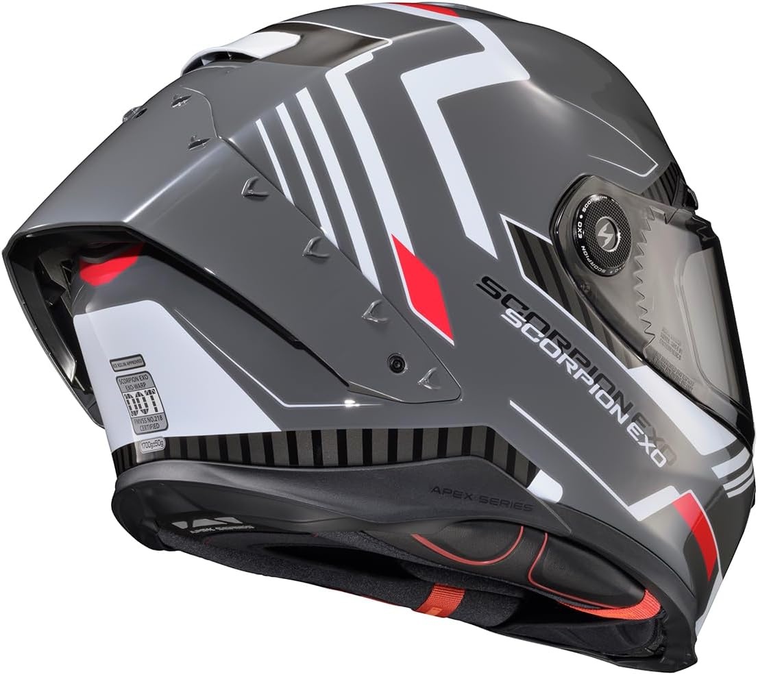 ScorpionEXO Apex Warp Full Face Motorcycle Helmet with Pinlock Ready Shield Adjustable Race Spoiler Bluetooth Ready Speaker Pockets FIM #2 DOT ECE Solid (White – Large)(Atarax Grey/White)