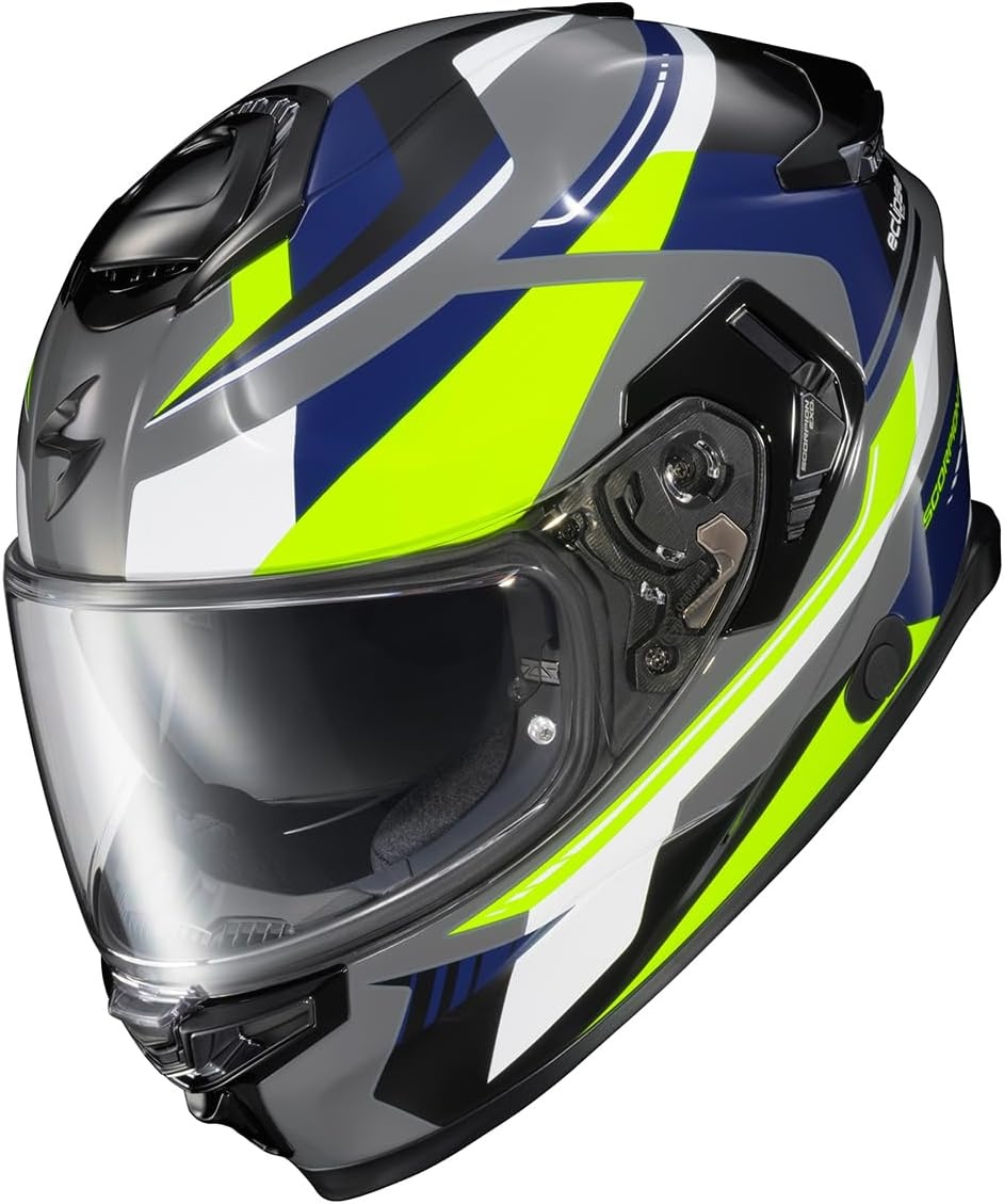 ScorpionEXO Eclipse Full Face Motorcycle Helmet with Pinlock Ready Shield – Bluetooth Ready Speaker Pockets Apex Series Pivot (Phantom – Small)(Grey/Hi-vis/Blue)