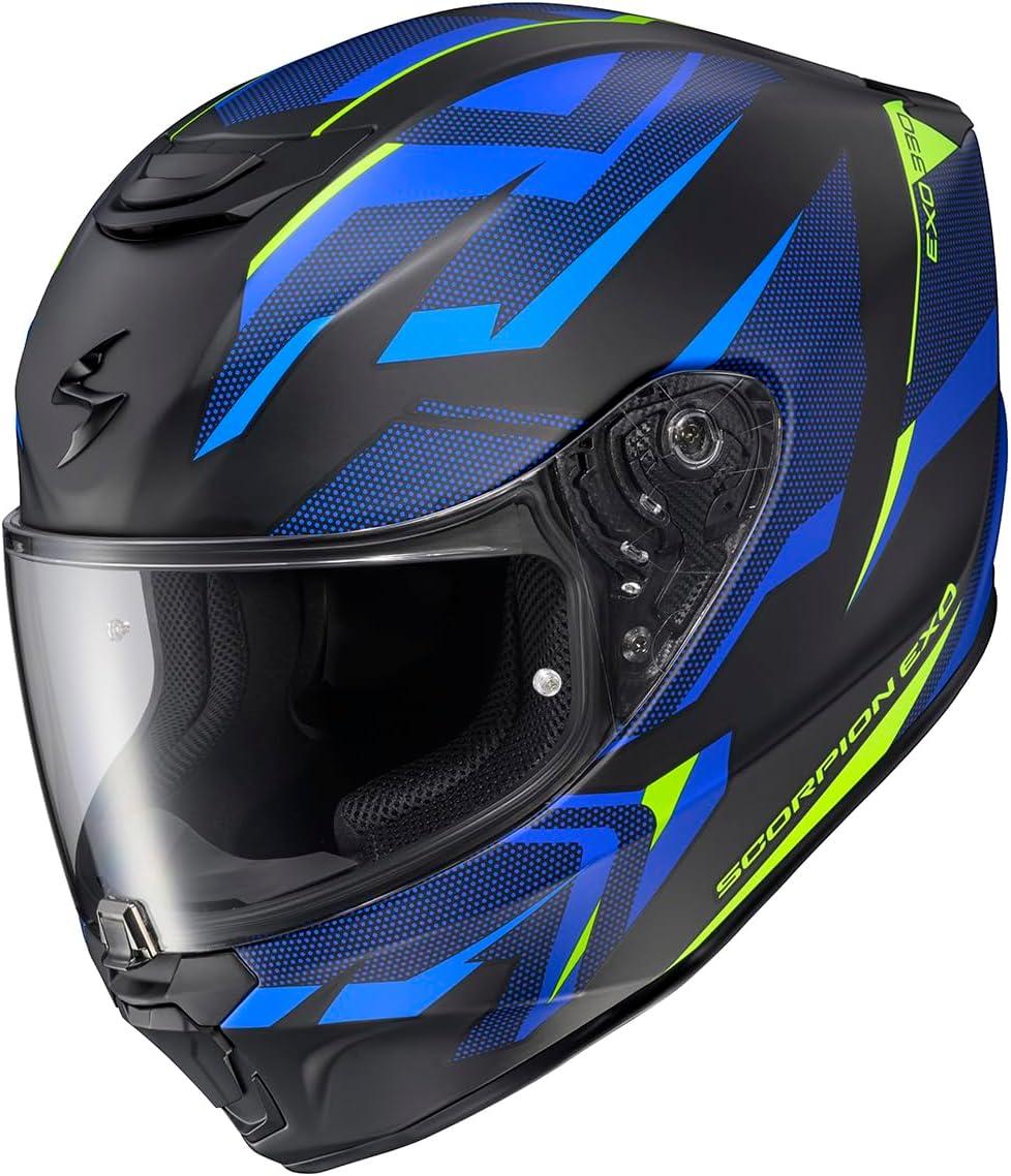 ScorpionEXO R330 Full Face Motorcycle Helmet with Pinlock Ready Shield Bluetooth Ready Speaker Pockets DOT ECE Approved Bendr (Black – Small)(Saga Black/Blue/Hi-vis)