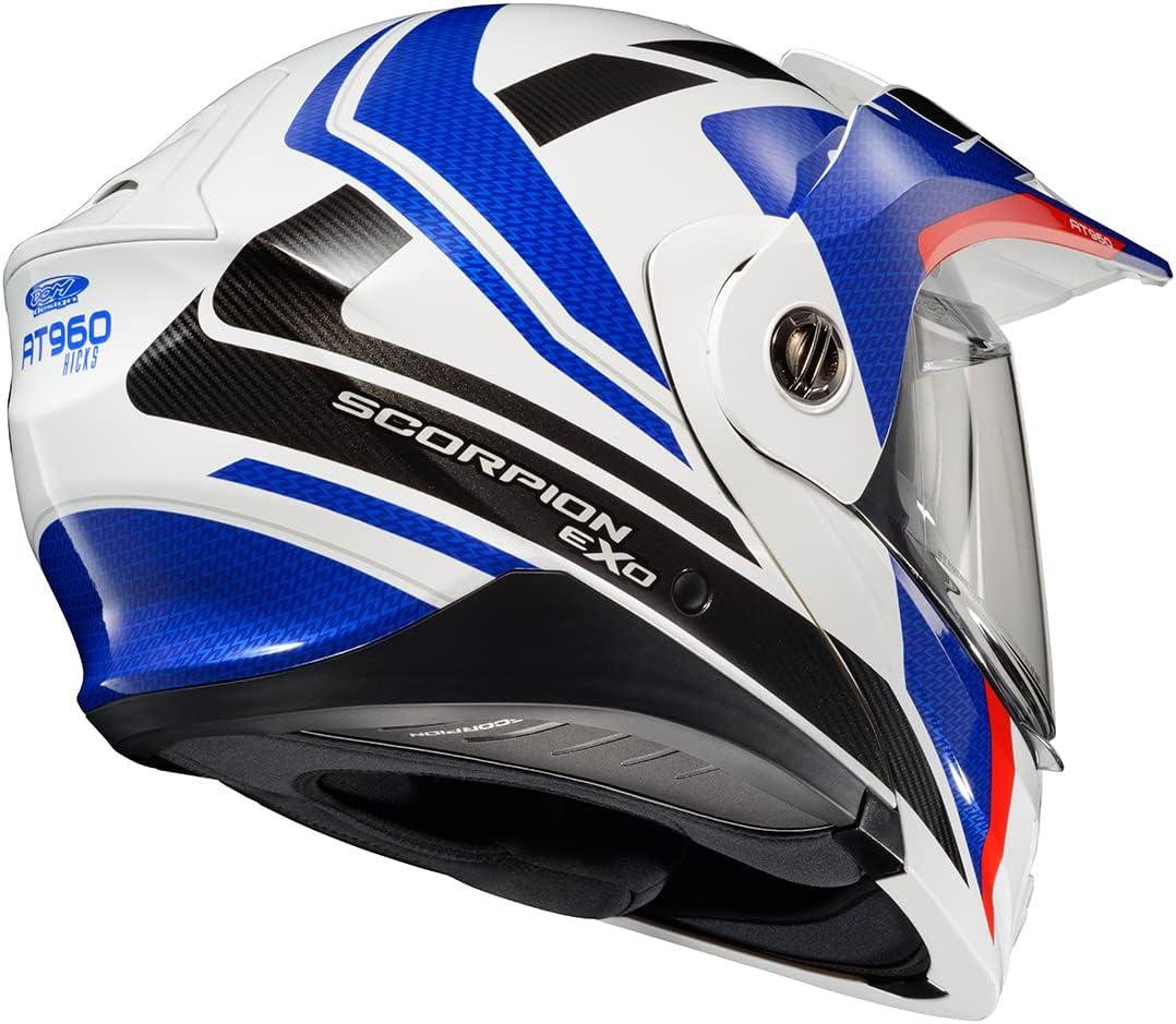ScorpionEXO AT960 Modular Adventure Street Motorcycle Helmet with Bluetooth Ready Speaker Pockets DOT ECE Approved Monk (Black/Red – Small)(Hicks Blue)