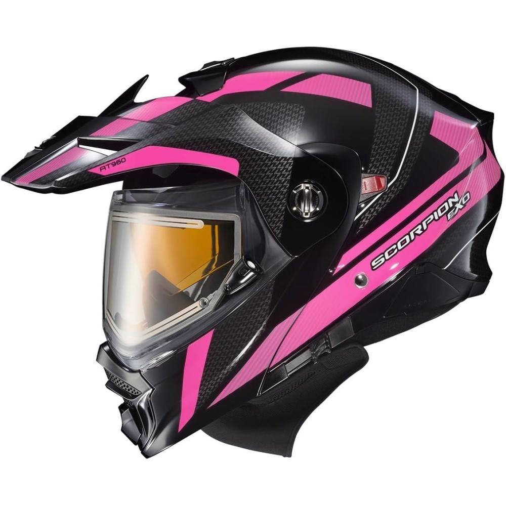 ScorpionEXO AT960 Cold Weather Adventure Snowmobile Modular Helmet Electric Shield with Breath Box and Bluetooth Ready Speaker Pockets Topographic (Hi-Viz Orange – Large)(Pink)