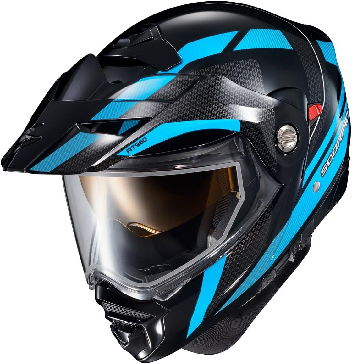 ScorpionEXO AT960 Cold Weather Adventure Snowmobile Modular Helmet Dual Pane Shield with Breath Box and Bluetooth Ready Speaker Pockets Topographic (Hi-Vis – Small)(Light Blue)