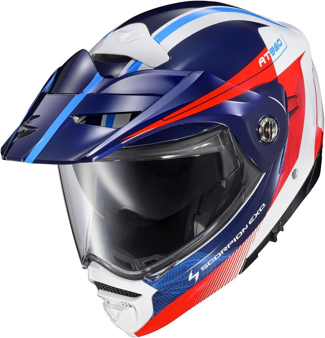 ScorpionEXO AT960 Modular Adventure Street Motorcycle Helmet with Bluetooth Ready Speaker Pockets DOT ECE Approved Monk (Black/Red – Small)(Topographic 2 Red/White/Blue)