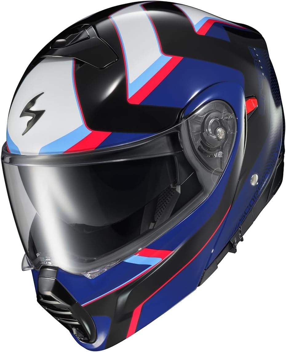 ScorpionEXO GT930 Open Full Face Transformer Adult Motorcycle Helmet Bluetooth Ready Speaker Pockets DOT ECE P/J Approved Solid (Gloss Black – Medium)(Blue/Red)