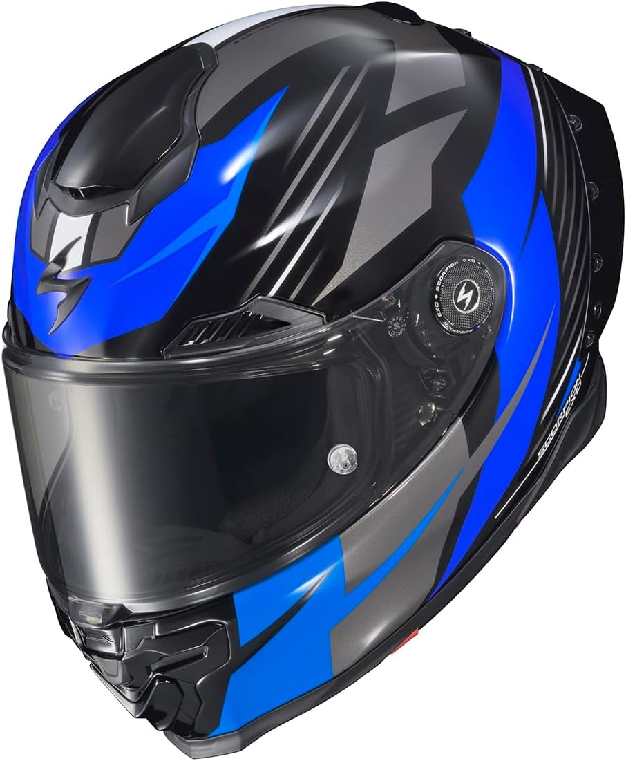 ScorpionEXO Apex Warp Full Face Motorcycle Helmet with Pinlock Ready Shield Adjustable Race Spoiler Bluetooth Ready Speaker Pockets FIM #2 DOT ECE Solid (White – Large)(Dilithium Black/Blue)