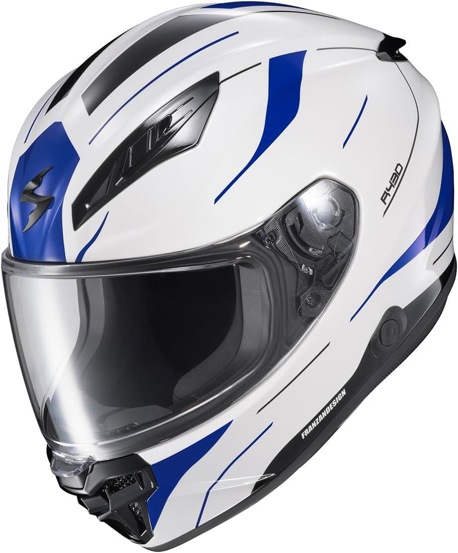 ScorpionEXO R430 Full Face Street Motorcycle Helmet with Bluetooth Ready Speaker Pocketss DOT/SNELL Approved Paradox (Phantom – Small)(Cutlass White/Blue)