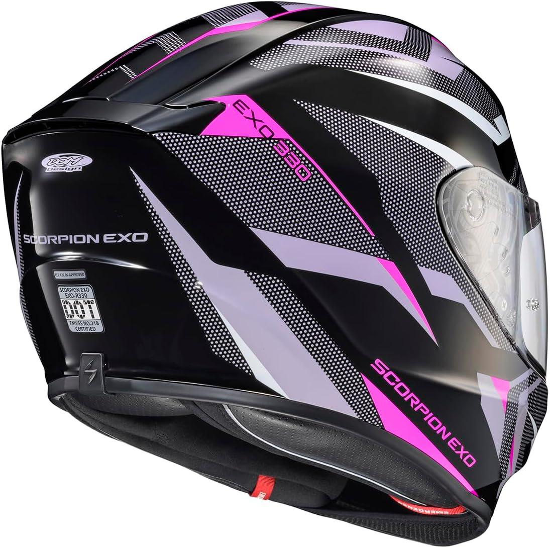 ScorpionEXO R330 Full Face Motorcycle Helmet with Pinlock Ready Shield Bluetooth Ready Speaker Pockets DOT ECE Approved Bendr (Black – Small)(Saga Black/Pink/Purple)