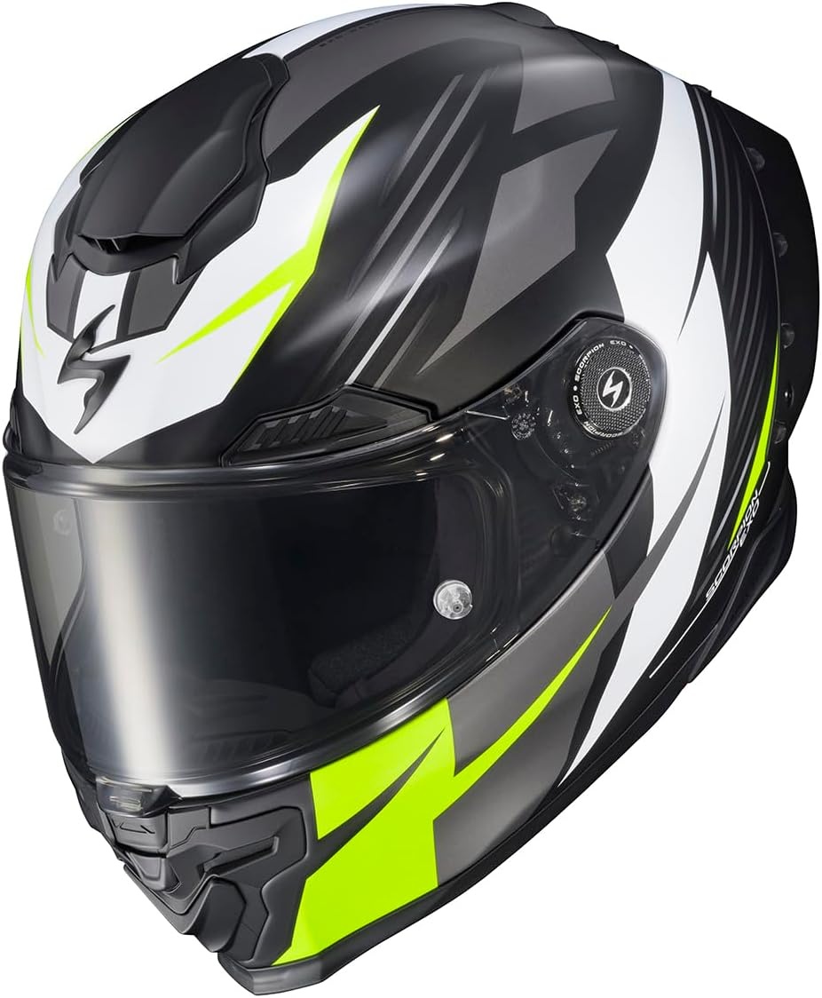 ScorpionEXO Apex Warp Full Face Motorcycle Helmet with Pinlock Ready Shield Adjustable Race Spoiler Bluetooth Ready Speaker Pockets FIM #2 DOT ECE Solid (White – Large)(Dilithium Black/White/Hi-vis)