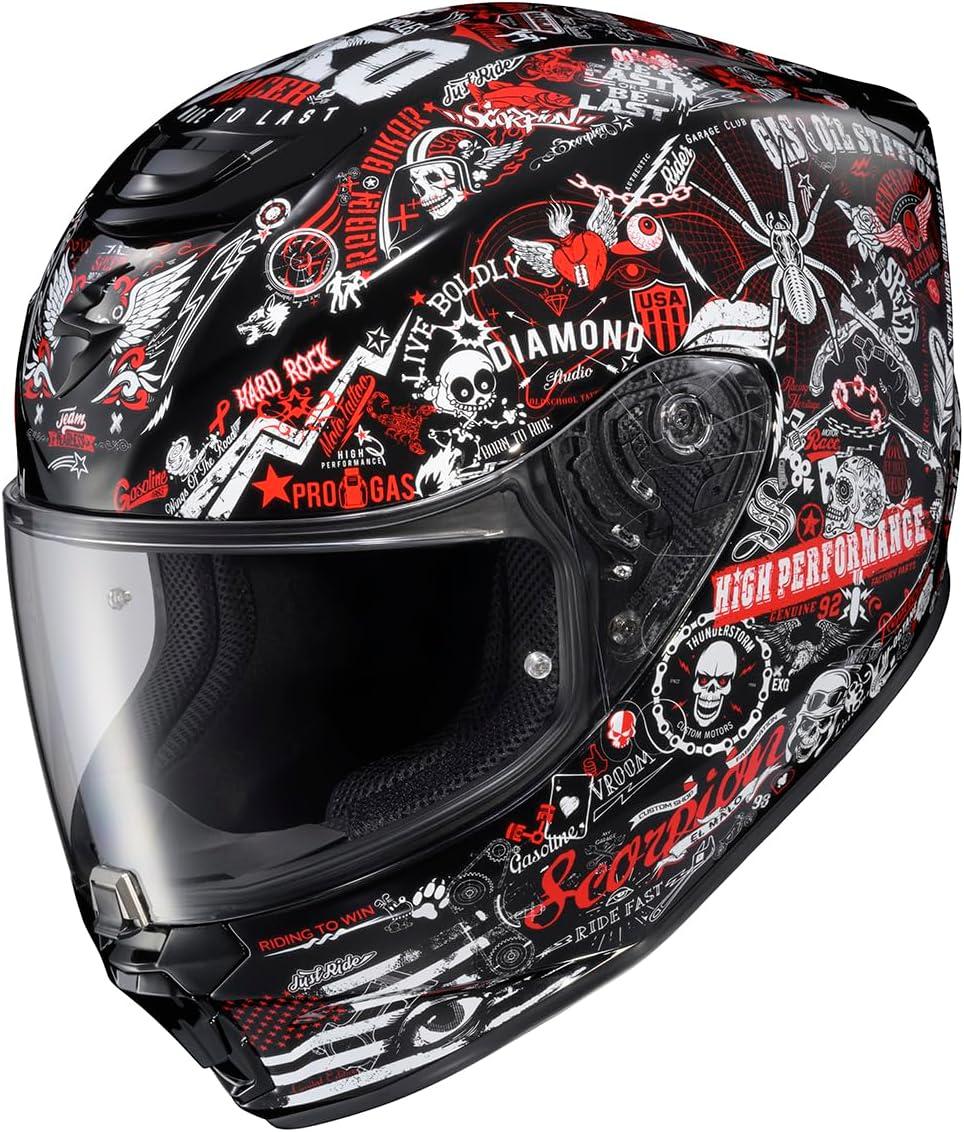 ScorpionEXO R330 Full Face Motorcycle Helmet with Pinlock Ready Shield Bluetooth Ready Speaker Pockets DOT ECE Approved Bendr (Black – Small)(Shake 2 Red)