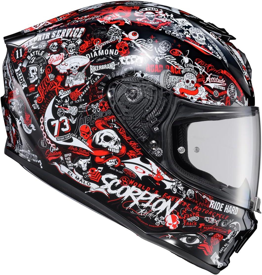 ScorpionEXO R330 Full Face Motorcycle Helmet with Pinlock Ready Shield Bluetooth Ready Speaker Pockets DOT ECE Approved Bendr (Black – Small)(Shake 2 Red)