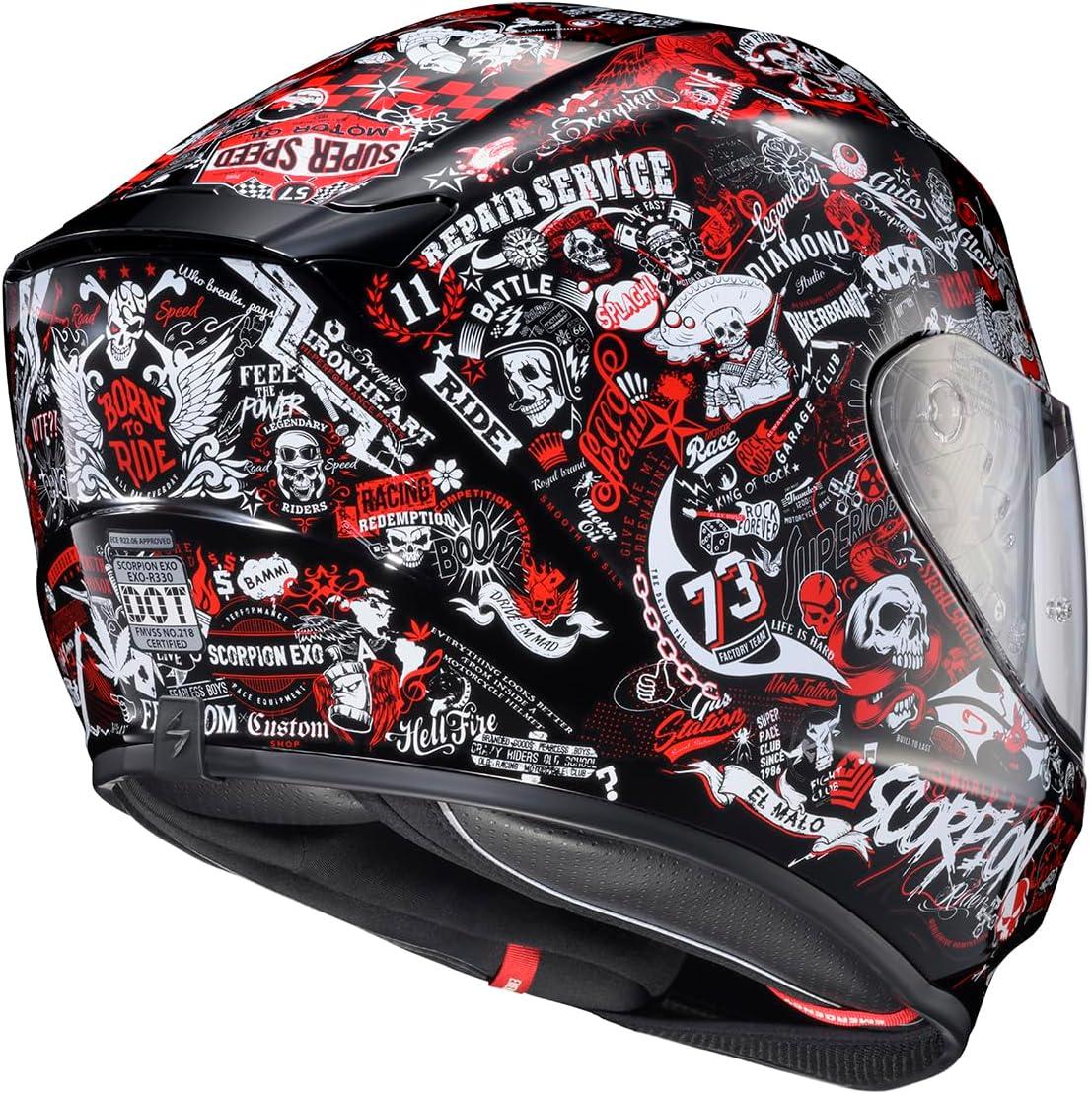 ScorpionEXO R330 Full Face Motorcycle Helmet with Pinlock Ready Shield Bluetooth Ready Speaker Pockets DOT ECE Approved Bendr (Black – Small)(Shake 2 Red)