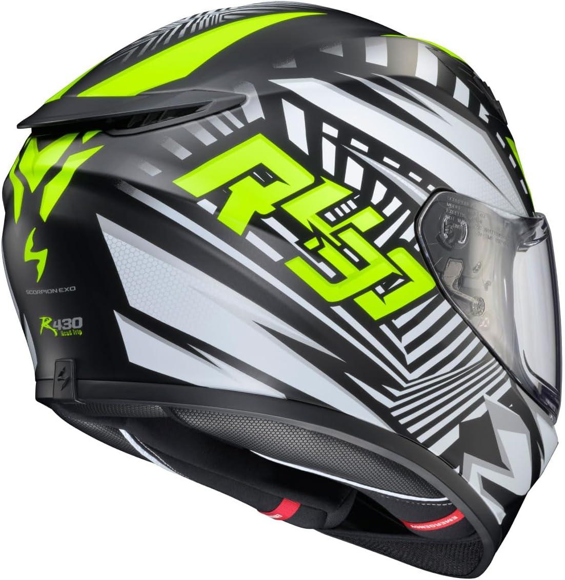ScorpionEXO R430 Full Face Street Motorcycle Helmet with Bluetooth Ready Speaker Pocketss DOT/SNELL Approved Paradox (Phantom – Small)(Head Trip Hi-viz)