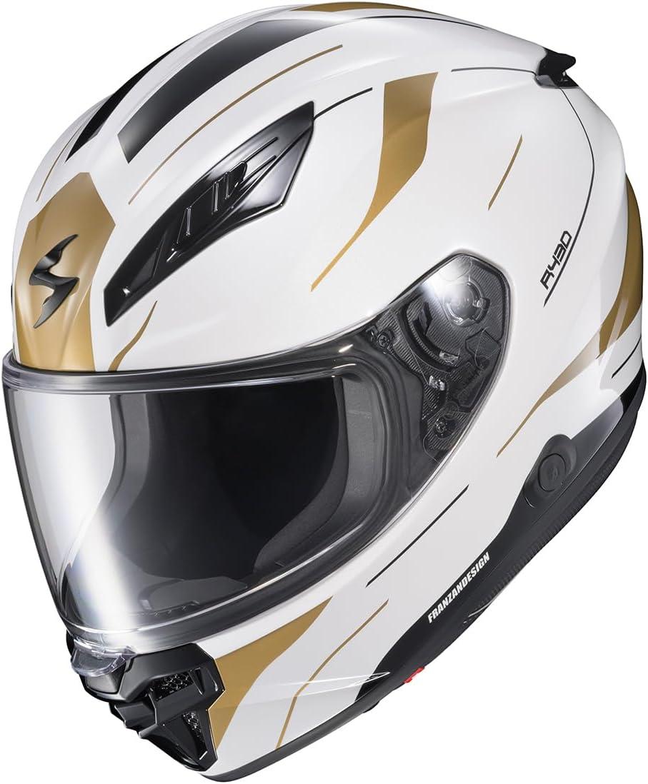 ScorpionEXO R430 Full Face Street Motorcycle Helmet with Bluetooth Ready Speaker Pocketss DOT/SNELL Approved Paradox (Phantom – Small)(Cutlass White/Gold)