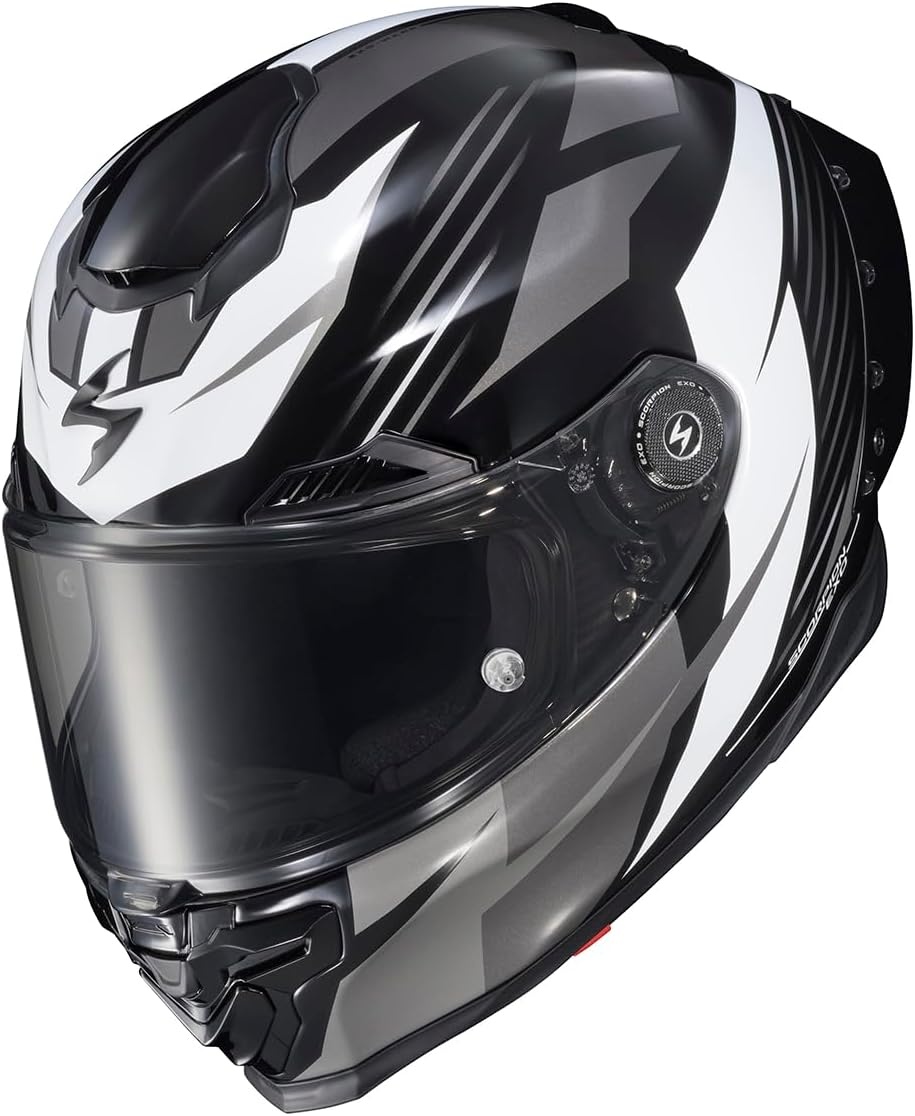ScorpionEXO Apex Warp Full Face Motorcycle Helmet with Pinlock Ready Shield Adjustable Race Spoiler Bluetooth Ready Speaker Pockets FIM #2 DOT ECE Solid (White – Large)(Dilithium Phantom)