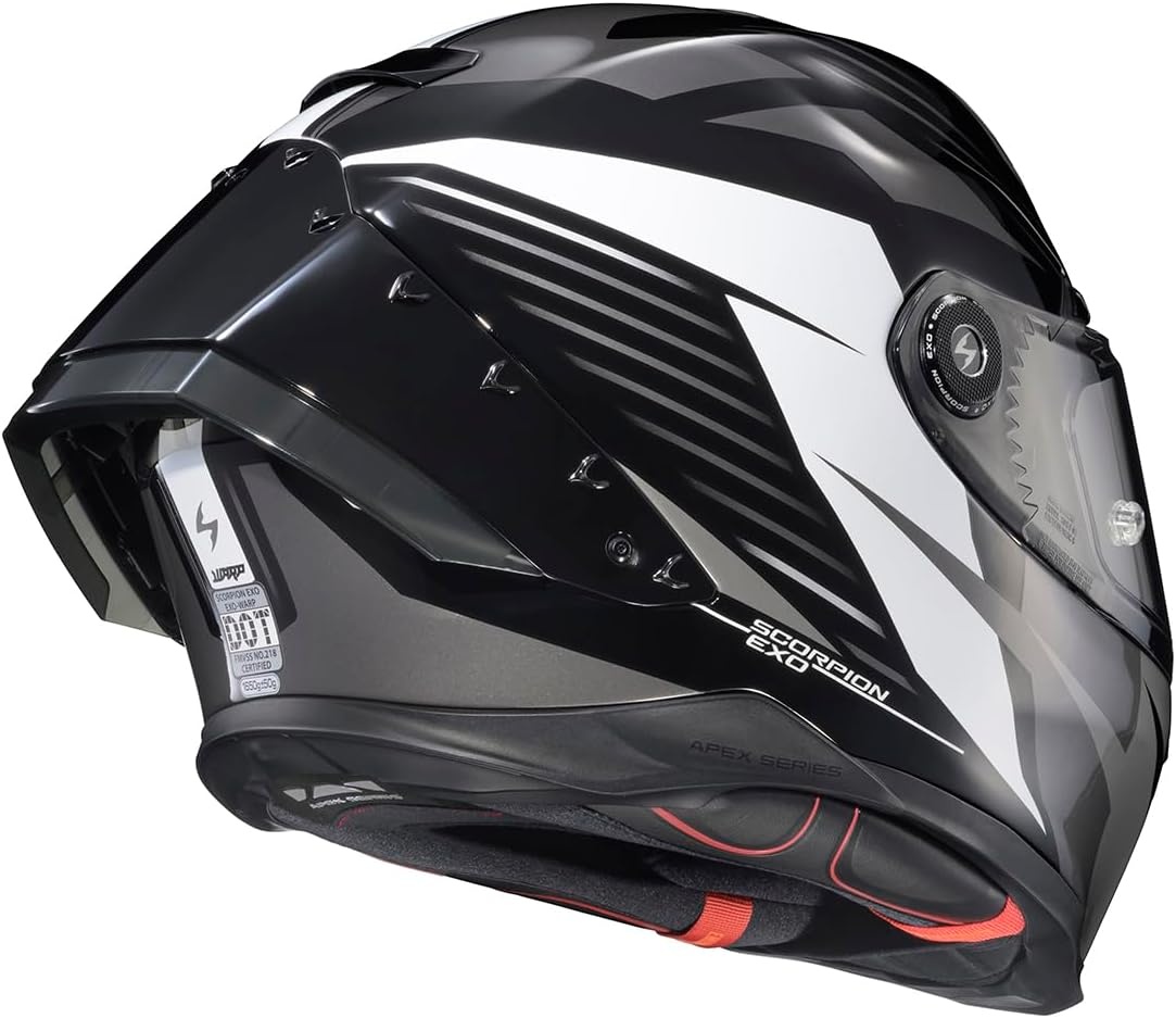 ScorpionEXO Apex Warp Full Face Motorcycle Helmet with Pinlock Ready Shield Adjustable Race Spoiler Bluetooth Ready Speaker Pockets FIM #2 DOT ECE Solid (White – Large)(Dilithium Phantom)