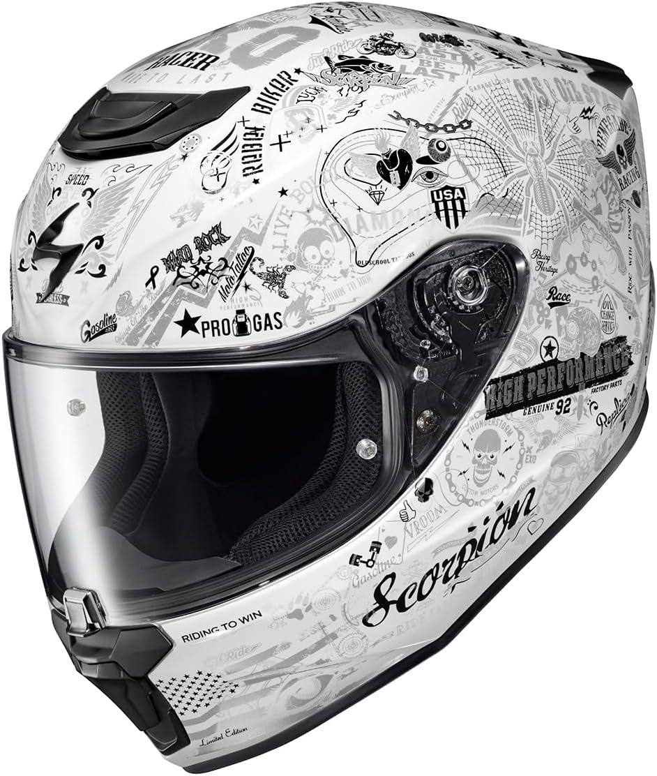 ScorpionEXO R330 Full Face Motorcycle Helmet with Pinlock Ready Shield Bluetooth Ready Speaker Pockets DOT ECE Approved Bendr (Black – Small)(Shake 2 White)
