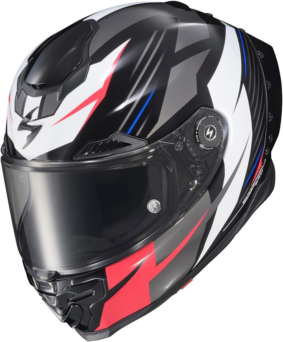 ScorpionEXO Apex Warp Full Face Motorcycle Helmet with Pinlock Ready Shield Adjustable Race Spoiler Bluetooth Ready Speaker Pockets FIM #2 DOT ECE Solid (White – Large)(Dilithium Black/Red/White/Blue)