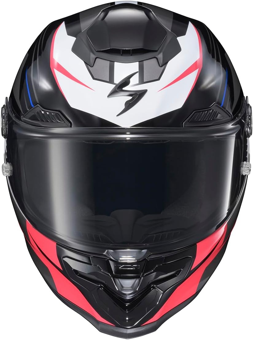 ScorpionEXO Apex Warp Full Face Motorcycle Helmet with Pinlock Ready Shield Adjustable Race Spoiler Bluetooth Ready Speaker Pockets FIM #2 DOT ECE Solid (White – Large)(Dilithium Black/Red/White/Blue)