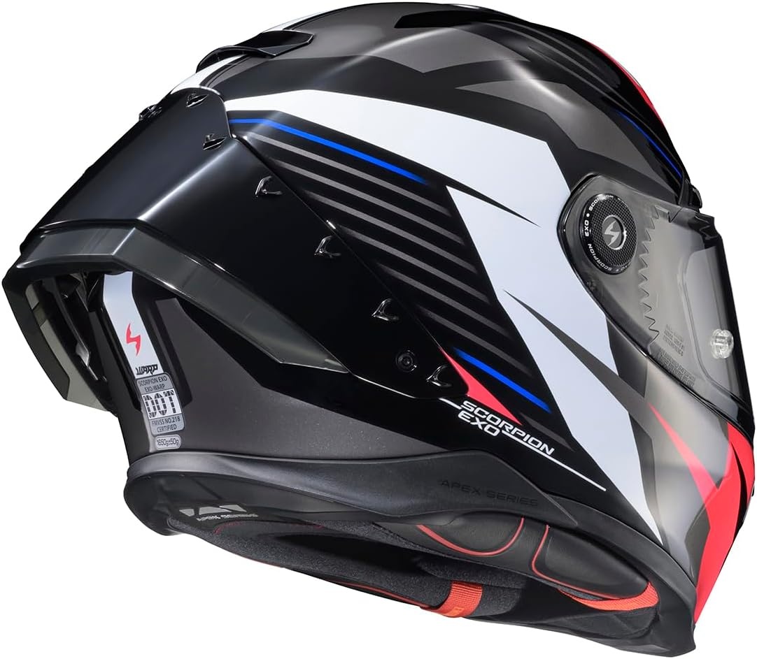 ScorpionEXO Apex Warp Full Face Motorcycle Helmet with Pinlock Ready Shield Adjustable Race Spoiler Bluetooth Ready Speaker Pockets FIM #2 DOT ECE Solid (White – Large)(Dilithium Black/Red/White/Blue)