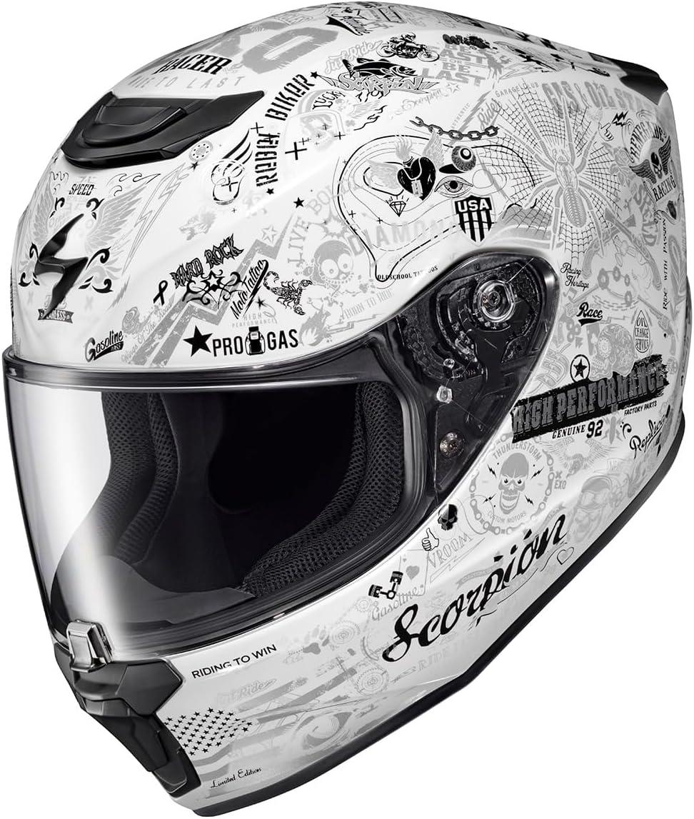 ScorpionEXO R420 Full Face Polycarbonate Street Motorcycle Helmet Comm Ready Speaker Pockets DOT Snell Approved Adult(White)
