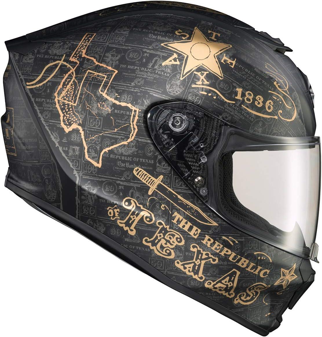 ScorpionEXO R420 Full Face Polycarbonate Street Motorcycle Helmet Comm Ready Speaker Pockets DOT Snell Approved Adult(Lone Star Black/Gold)
