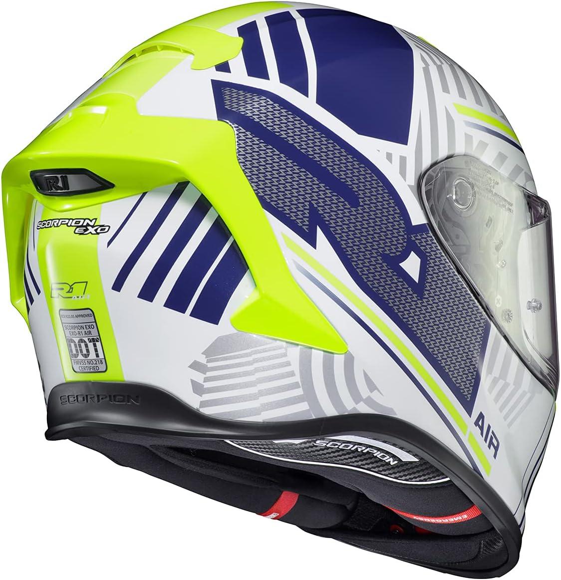 ScorpionEXO R1 Air Full Face Motorcycle Helmet with Pinlock Shield and Bluetooth Ready Speaker Pockets DOT ECE Juice (White/Blue – Medium)