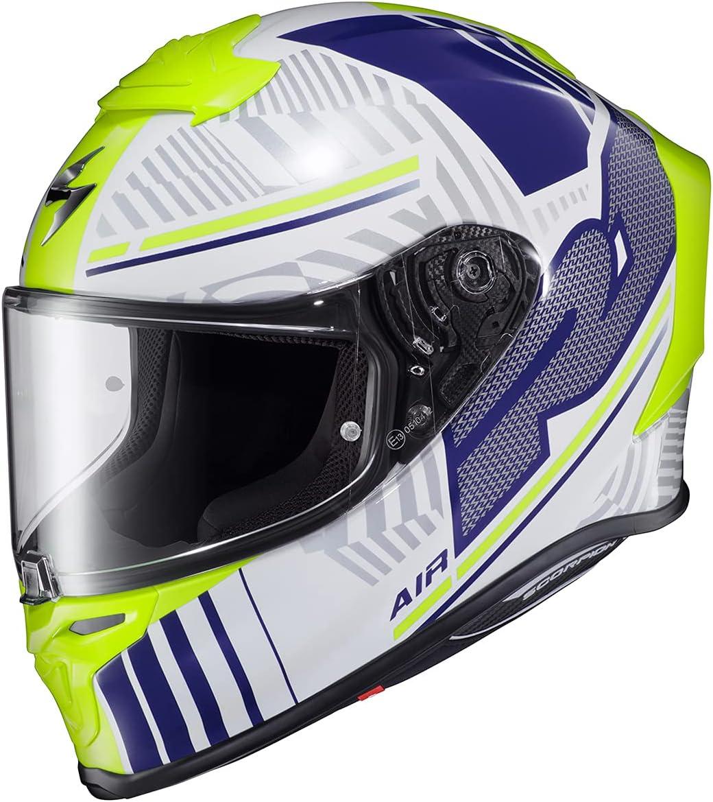 ScorpionEXO R1 Air Full Face Motorcycle Helmet with Pinlock Shield and Bluetooth Ready Speaker Pockets DOT ECE Juice (White/Blue – Large)