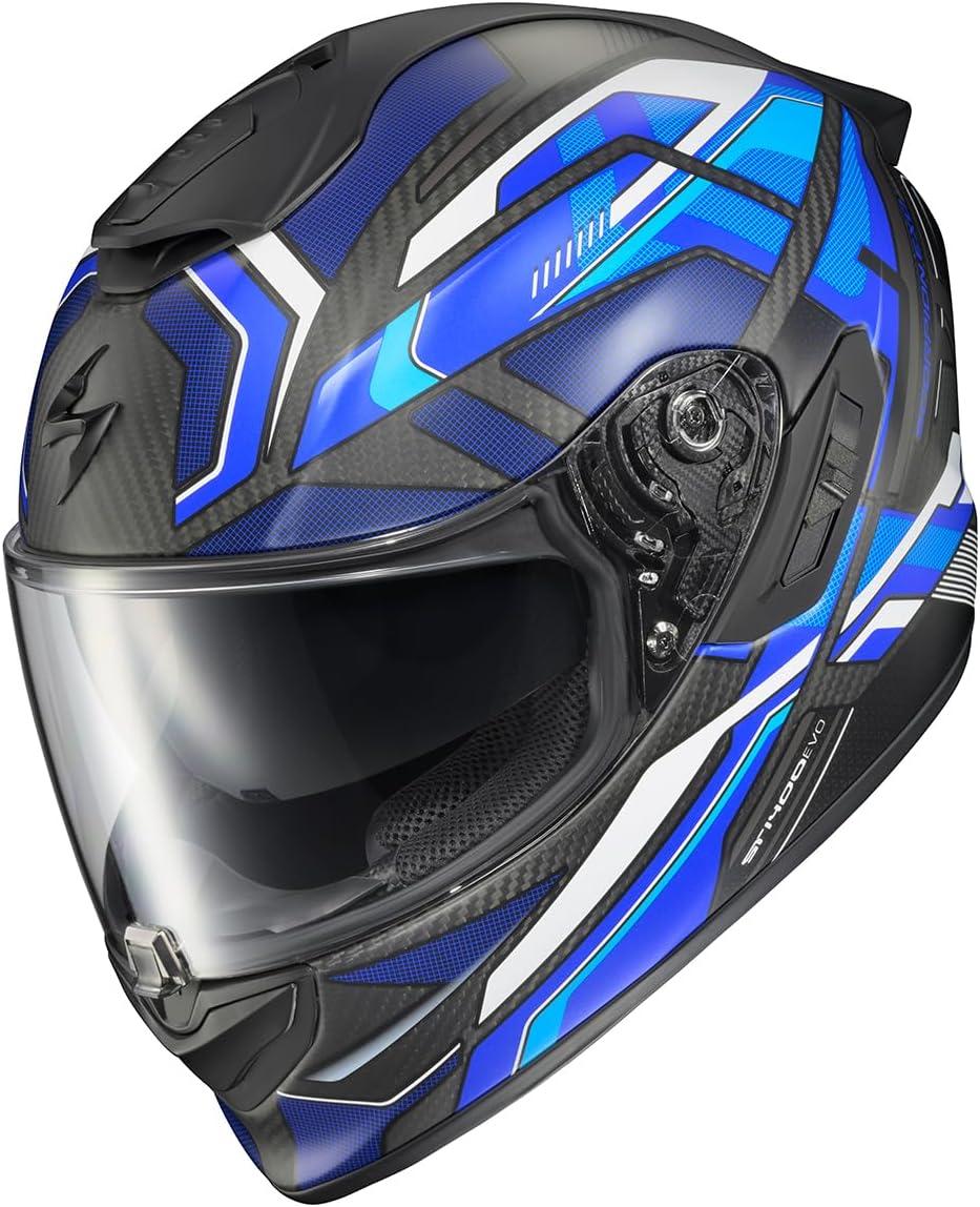 ScorpionEXO ST1400 EVO Carbon Fiber Full Face Sport Touring Street Motorcycle Helmet – Bluetooth Ready Speaker Pockets DOT ECE Solid (Matte Black – Small)(Hex Matte Blue)